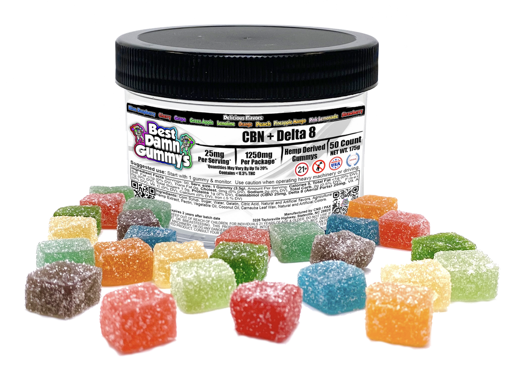 25mg CBN + 25mg Delta 8 THC Gummy's (Packaged) - 25 Packages per order - Best Damn Gummy's - Wholesale